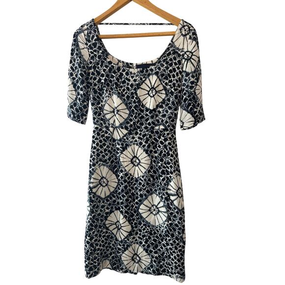 Samantha Sung Navy Blue & White Print 100% Silk Mini Scoop Neck Dress Size 2 - Picture 1 of 9